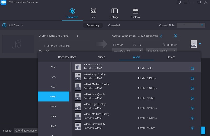 Vidmore WMA 形式を選択