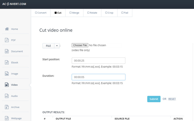 Aconvert WEBM をトリミング