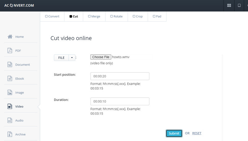 Aconvert Video Cutter インターフェース