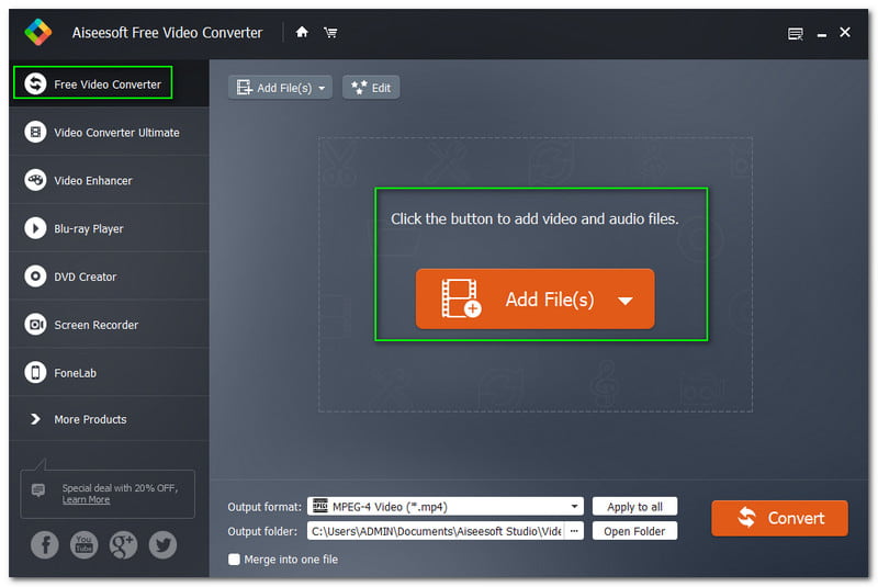 OGG を AVI に変換 Aiseesoft Free Video Converter ファイルを追加