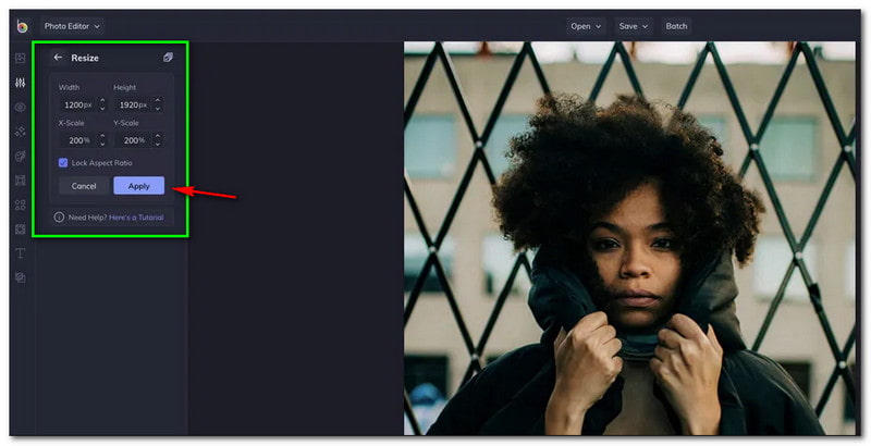 画像を大きくする　BeFunky サイズ変更と適用ボタン