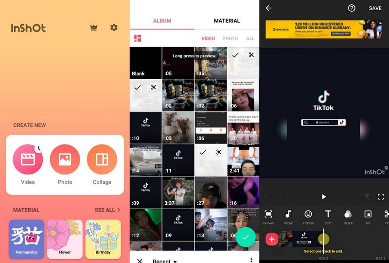 InShotでTikTokに複数の動画をアップロードする方法