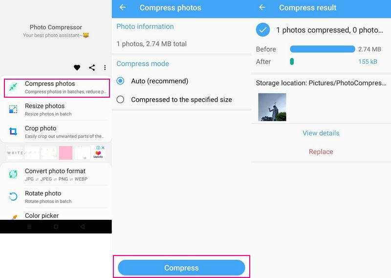 Photo Compressor and Resizer Android で画像をオフライン圧縮