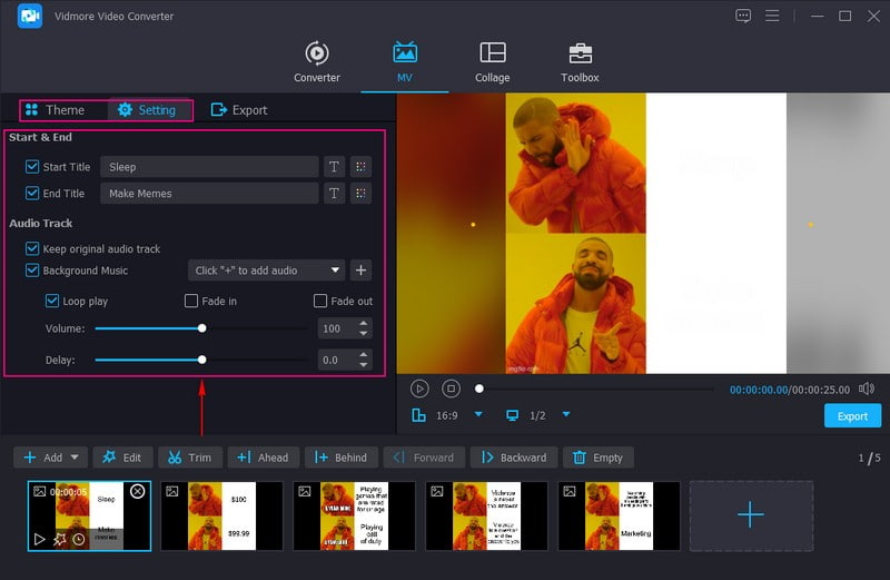 テーマ、テキスト、背景音楽を追加します