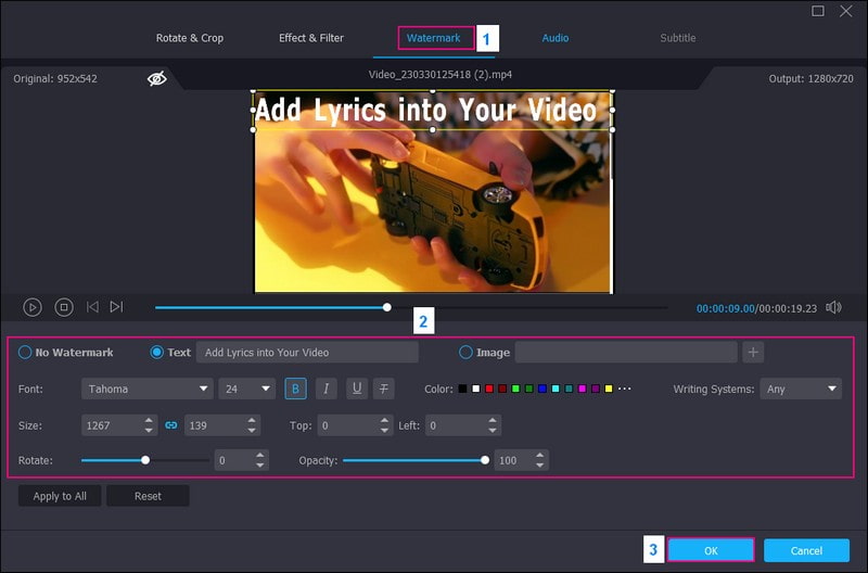 ウォーターマークの項目に移動し、テキストオプションを有効にする