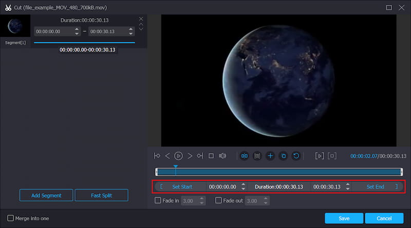 開始位置と終了位置をカット