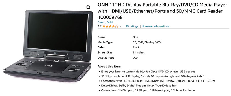 Onn ポータブルBlu-rayプレーヤー