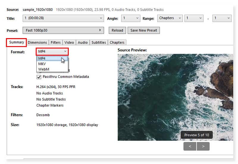 HandBrake 出力形式を選択
