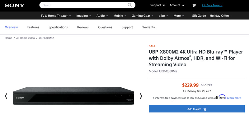 リージョンフリー Blu-ray DVD プレーヤー Sony UBPX800M2