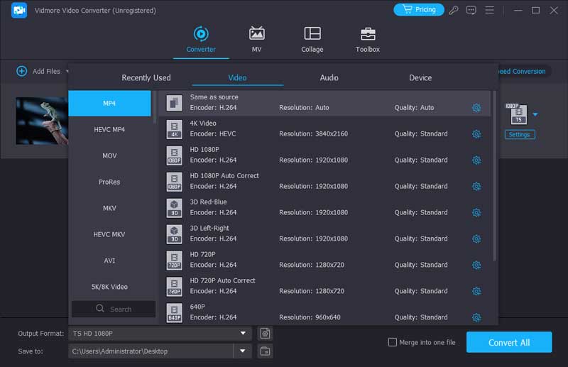 TS 変換用に MP4 を選択