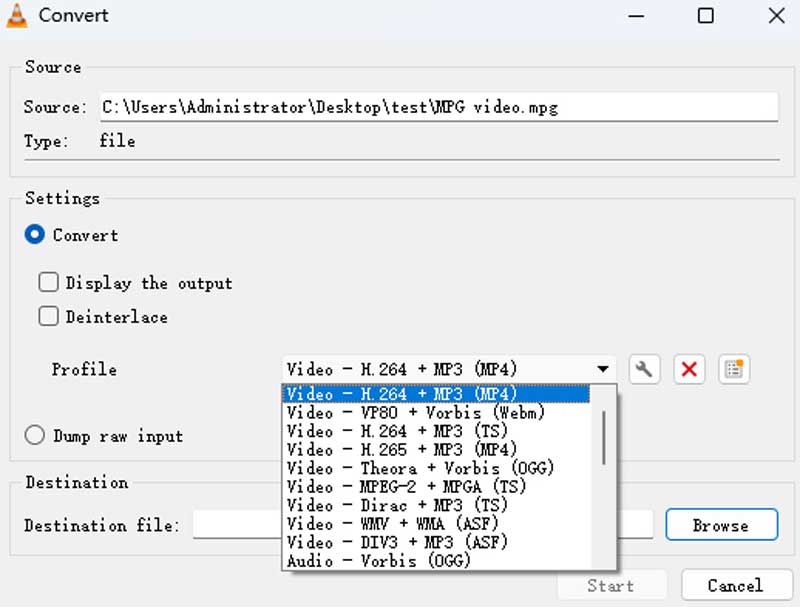 VLC で MP4 を選択