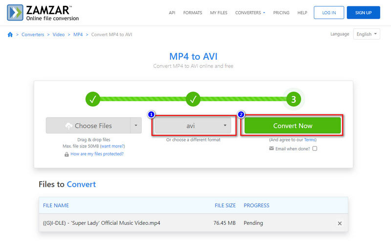 ZamzarでAVIに変換