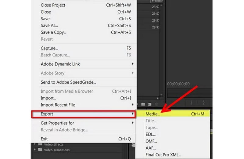 Adobe Premiere 書き出しを選択