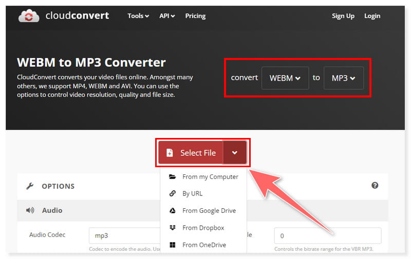 CloudConvert WebM ファイルを選択