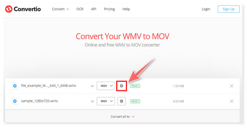Convertio MOV 出力形式を設定