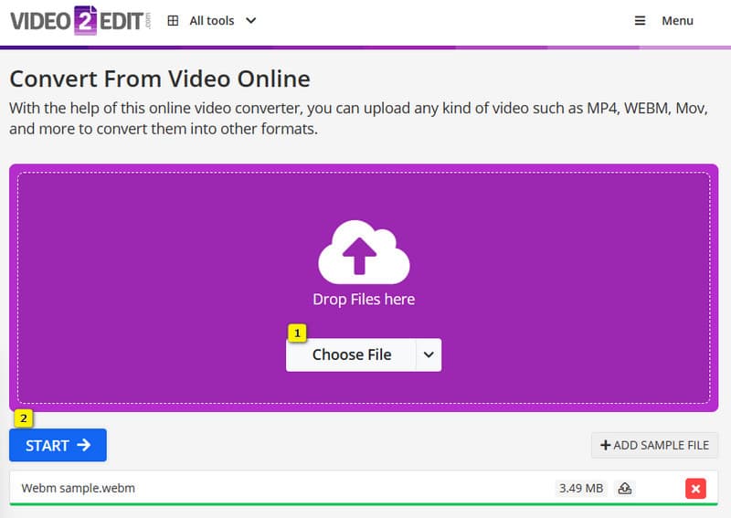 WebM Converter Video2Edit アップロード・開始 