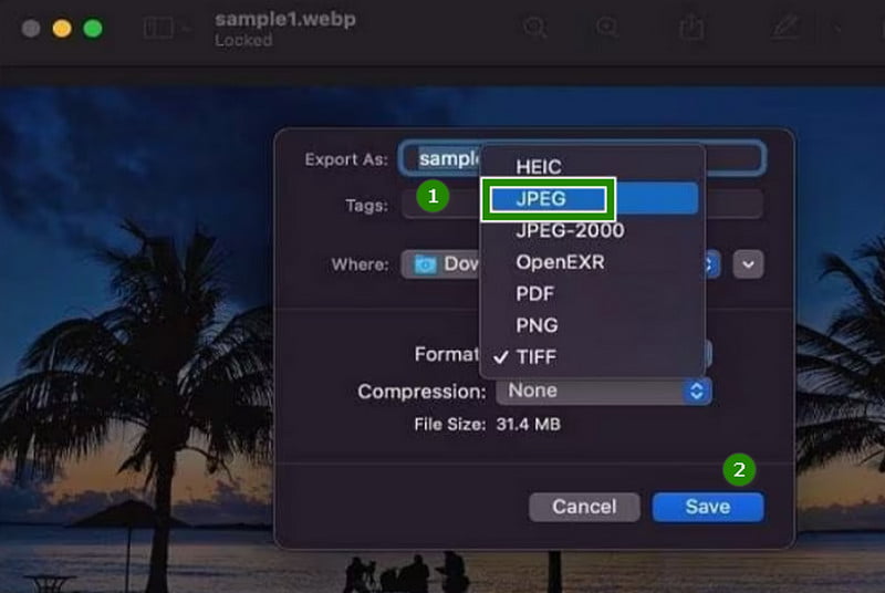 WebP を JPG として保存プレビュー