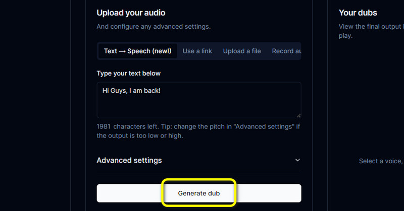 ［Generate Dub］ボタンをクリック