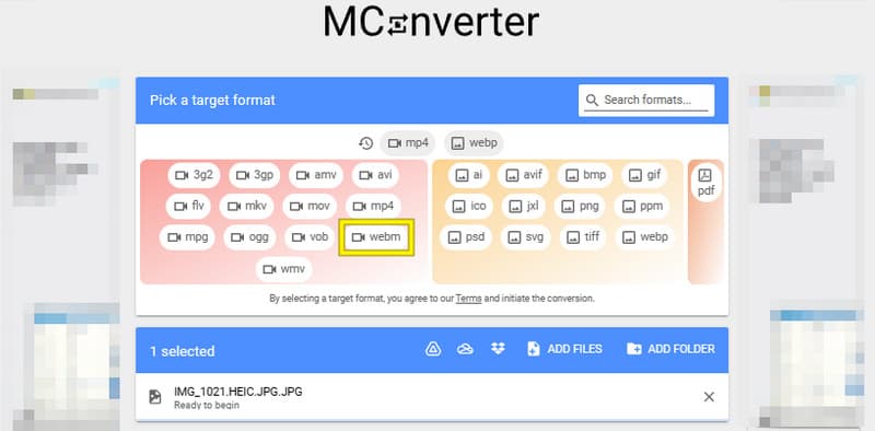 JPG PNG を WebM に変換 Mconverter 変換