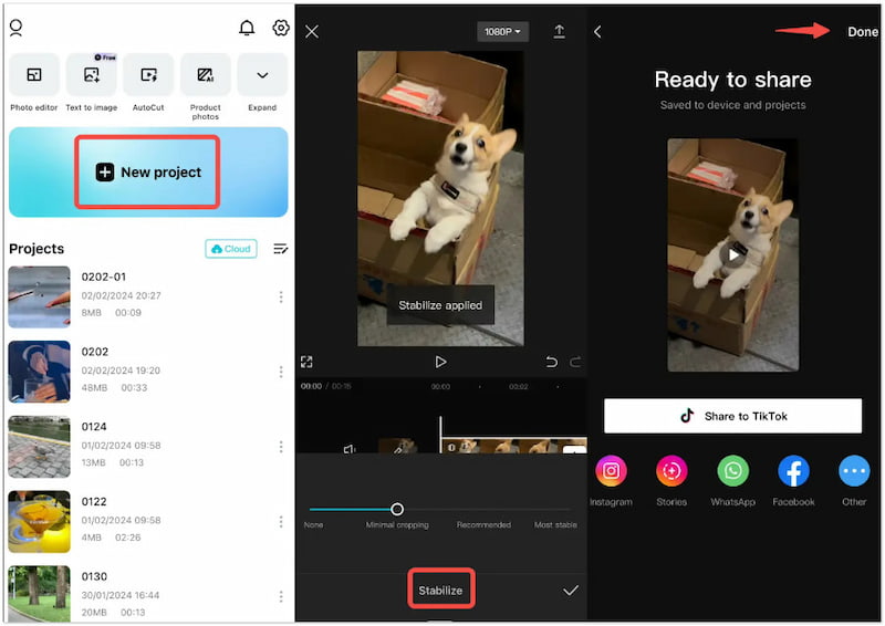 CapCutモバイルアプリで動画を手ぶれ補正する
