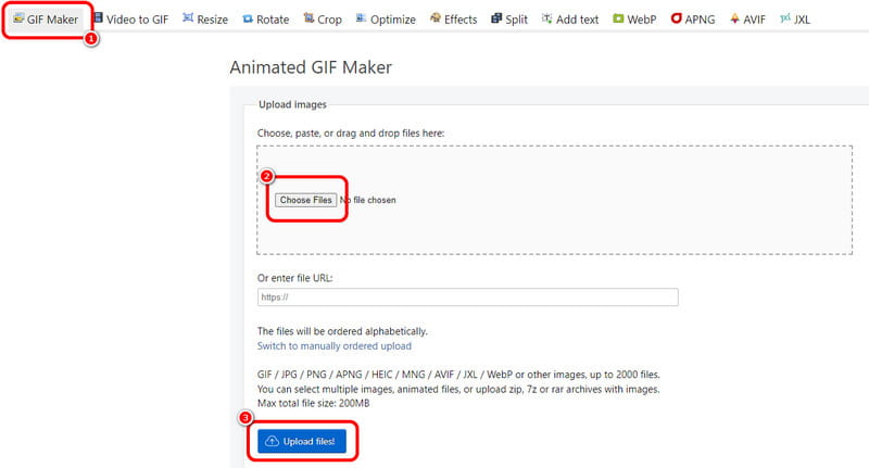 GIF Maker で「Choose Files」「Upload Files」を選択（Ezgif）