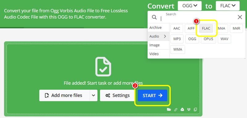 FLAC形式を選択して開始 Onlineconvert