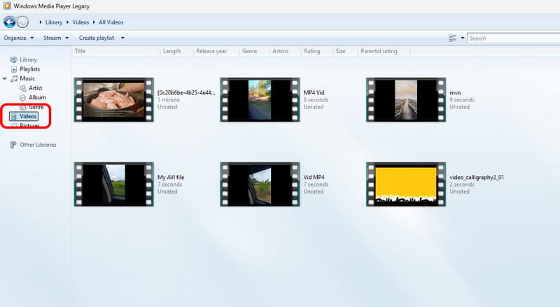 ビデオセクション Windows Media Player