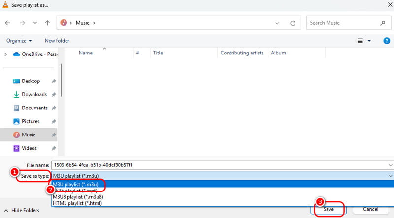 VLC で「ファイルの種類」を M3U にして保存
