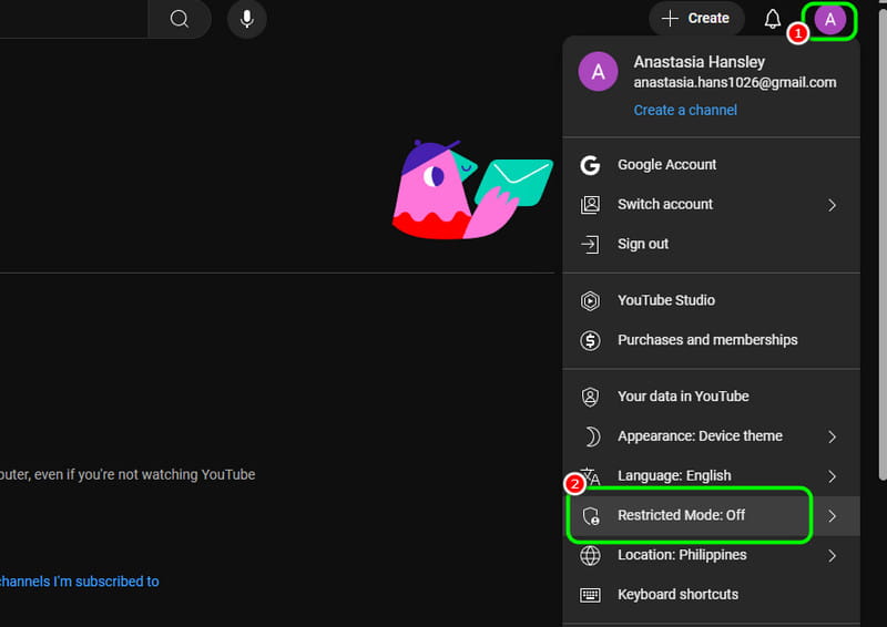YouTubeで制限付きモードを無効にする
