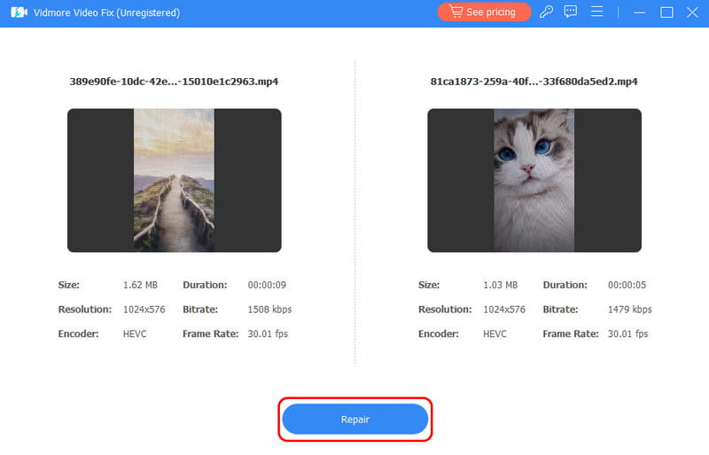 Vidmoreで［修復］ボタンをタップする