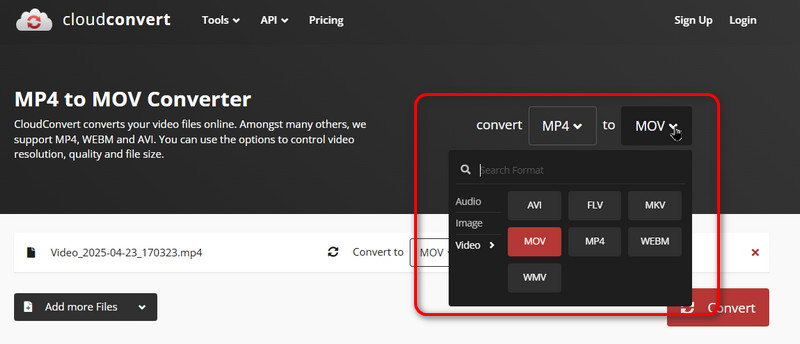 CloudConvertで形式を選択