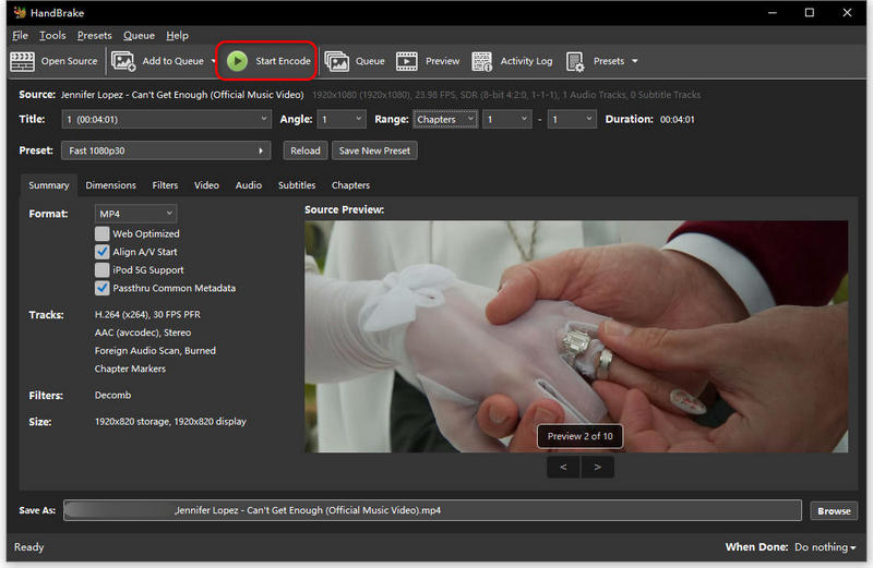 トリミングしたMP4をHandBrakeで保存する