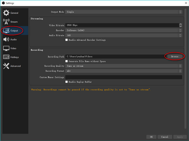 OBSの録画保存場所を変更する