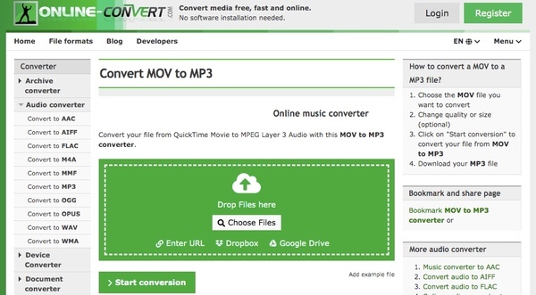 MOVをMP3に変換 Online Convert