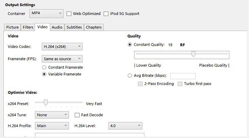 HandBrake の動画設定