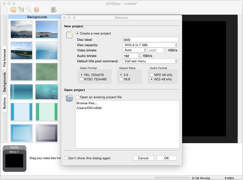新規プロジェクト（DVDStyler）