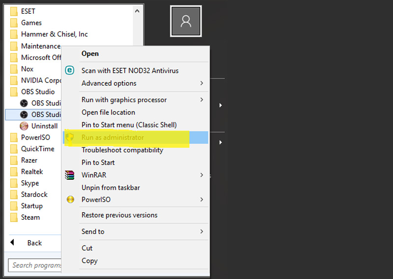 OBS を管理者として実行