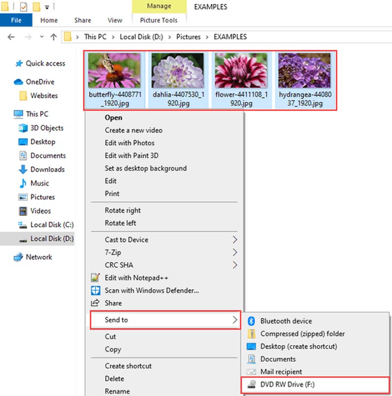 DVD バーナーに送る