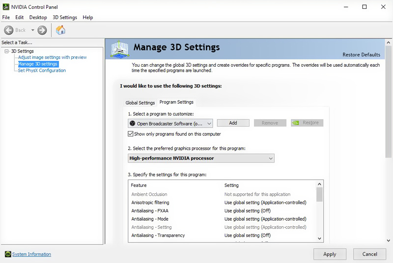 OBS の GPU を切り替える