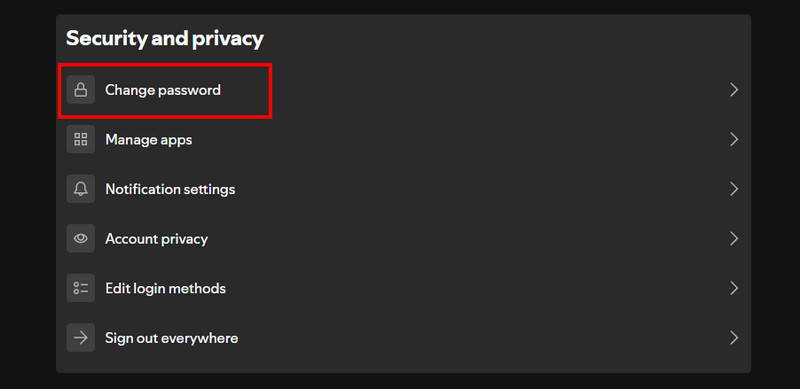 Spotify セキュリティとプライバシーでパスワード変更